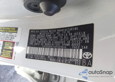 2017 Toyota Corolla Le из США, поврежденный, VIN 5YFBURHE4HP609644